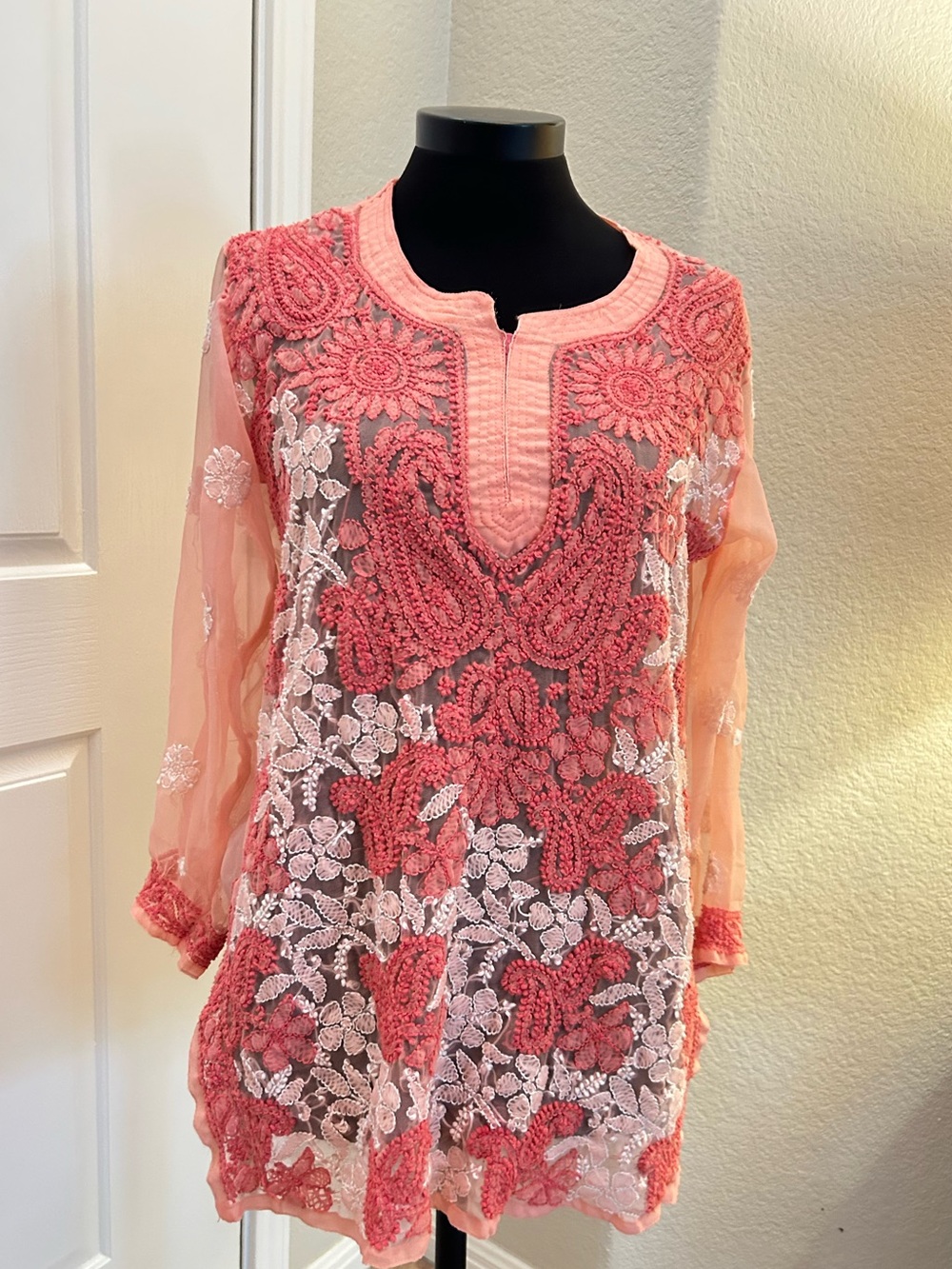 Coral Pink Embroidered Sheer Tunic. Size L.
